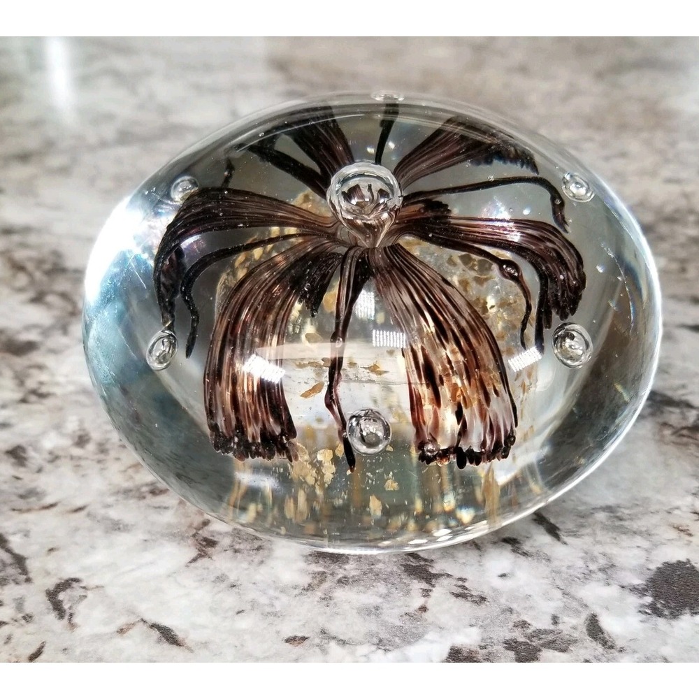 Vintage Art Glass Paperweight Brown Flower Controlled Bubble Clear Blown Glass